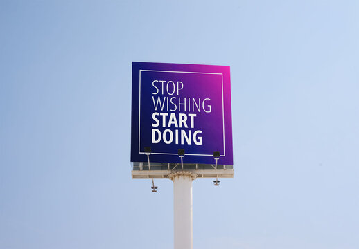 Customizable Blank Billboard Mockup Ready for Design Display against blue sky