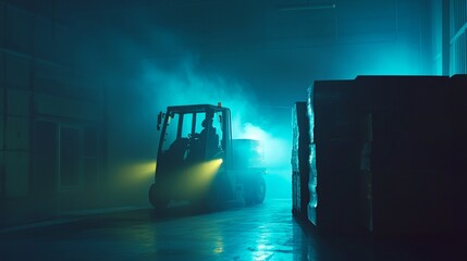 Forklift operating in a dimly lit warehouse with glowing lights and smoke at night