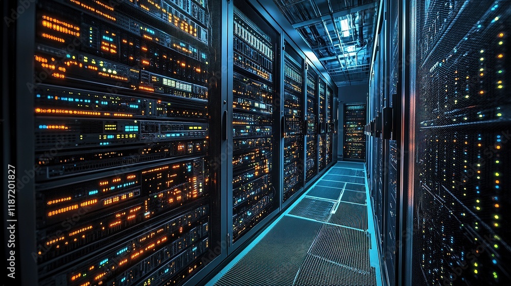 Poster network engineer monitoring multiple screens in data center