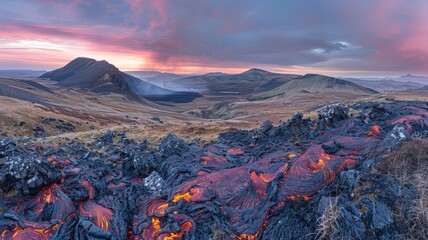 Obraz premium Volcanic landscape at sunset, showing solidified lava flows in foreground with mountains and dramatic sky in background.