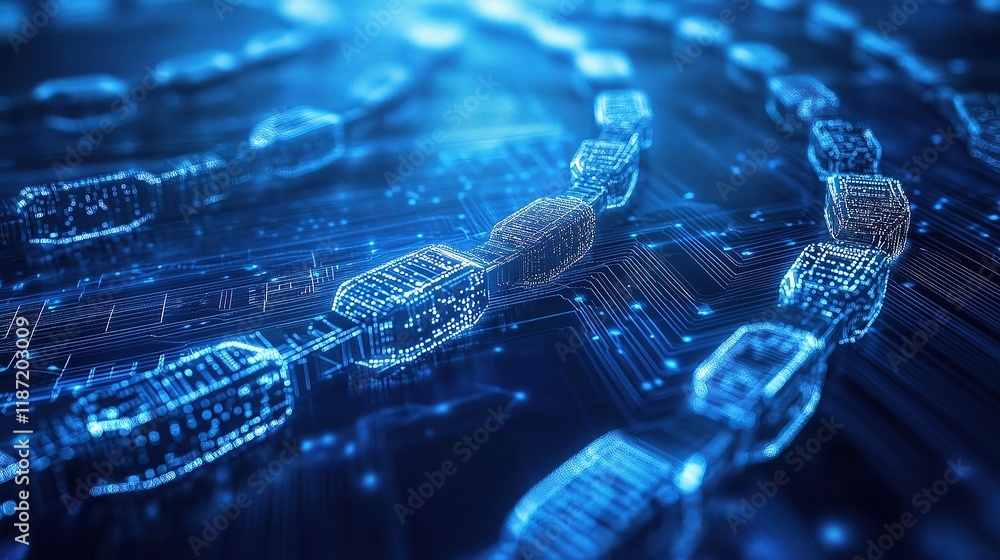 Poster futuristic circuit board with blockchain network in gigapixel detail