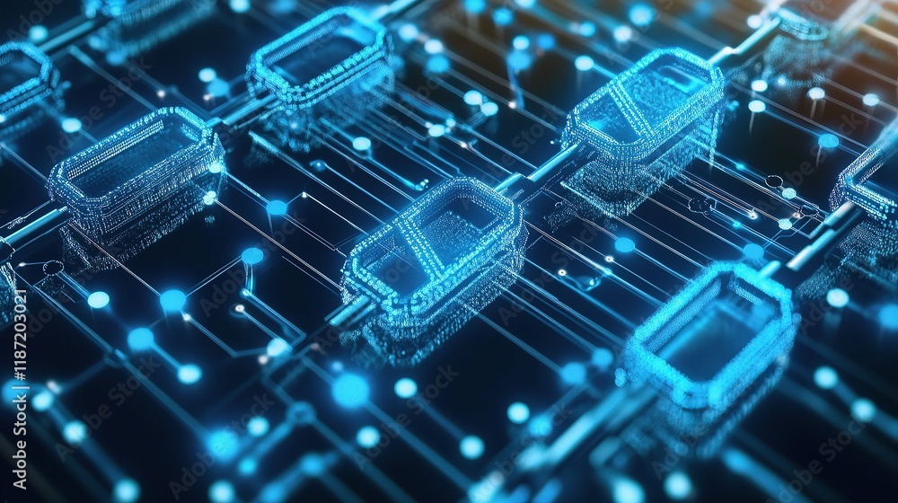 Poster futuristic circuit board with blockchain network design and lines