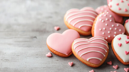 Obraz premium Delicious heart shaped cookies decorated with pink icing and sprinkles, perfect for celebrations and special occasions. These sweet treats bring joy and love to any gathering