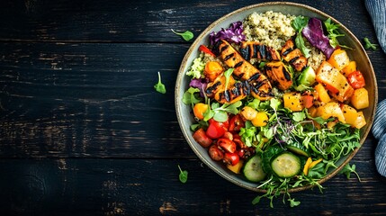 Top view of a gourmet organic vegan dish with grilled vegetables, quinoa and microgreens. Copy space for text. Generative AI. 