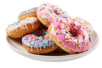 Colorful donuts with sprinkles arranged neatly on a white plate in a bright setting