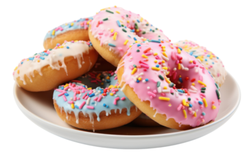Colorful donuts with sprinkles arranged neatly on a white plate in a bright setting