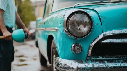 Fototapeta premium Classic car restoration in progress under natural light with focus on turquoise vintage vehicle