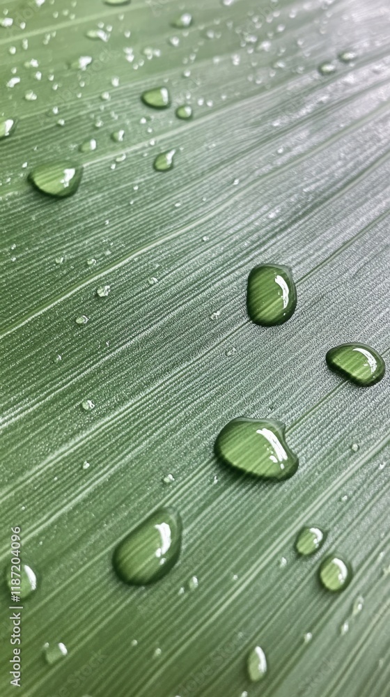 Poster Sparkling water droplets rest on the vibrant green surface of a leaf, creating a mesmerizing close up of nature's delicate beauty after a refreshing rain