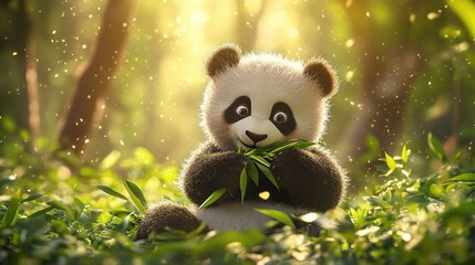 Adorable baby panda enjoying bamboo in a sunlit forest.