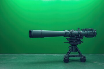 Fototapeta premium Large camera on tripod, green screen background.