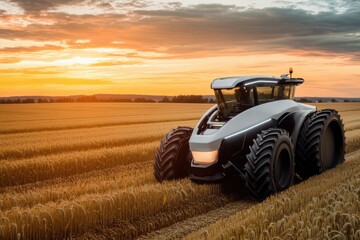 Fototapeta premium Futuristic tractor operates in golden fields during vibrant suns