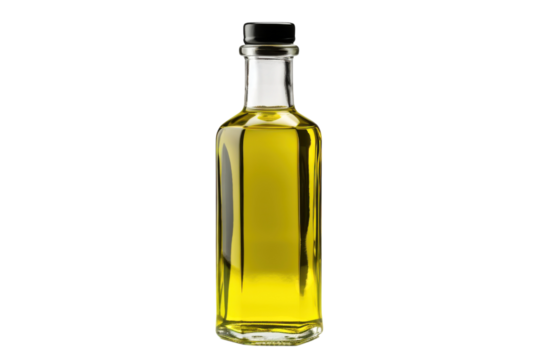 Bottled olive oil displayed on a clean white background in a minimalistic style