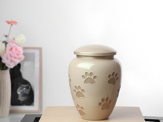 Ceramic pet urn with a paw print on a white background, symbolizing remembrance and love for pets