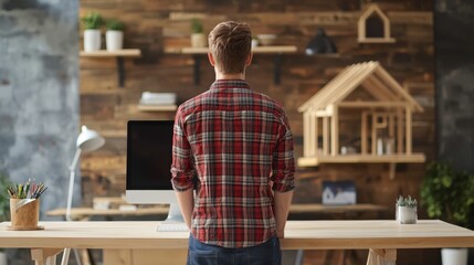 Person stands in a cozy workspace with wooden decor and a computer, contemplating projects in a creative atmosphere