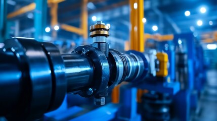 Fototapeta premium Close-up Hydraulic Cylinder Assembly in Factory - Industrial machinery, hydraulic power, precision engineering, manufacturing process, technological advancement.
