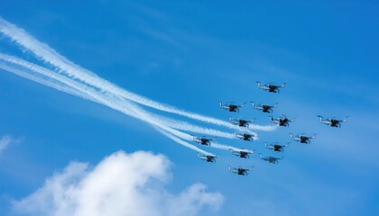 Firefly drones maneuvering in formation, releasing trails against a blue sky above a scenic landscape