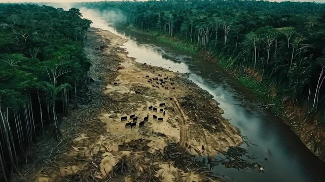 Overlooking deforestation effects on a river in a rainforest with livestock grazing on exposed land