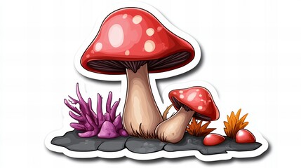 Enchanted mushrooms in a whimsical forest setting. Vibrant colors and playful design.