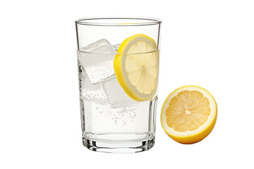 Refreshing glass of lemonade with lemon slices and ice cubes on a bright background