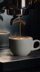 Shot of Espresso Being Poured into a White Cup. Espresso Shot in Motion