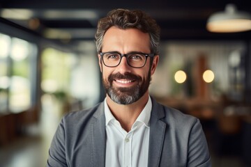 Fototapeta premium Portrait of smiling businessman wearing eyeglasses in office