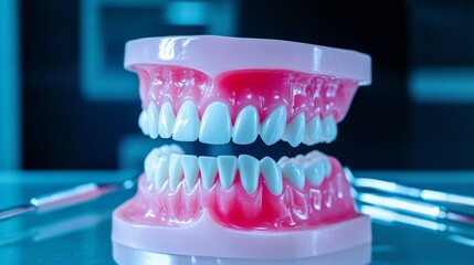 Dental Model with Tools - A close-up of a dental model showcasing healthy teeth and various dental tools, symbolizing oral hygiene, dental care, education, and professional dentistry.  Clean and moder