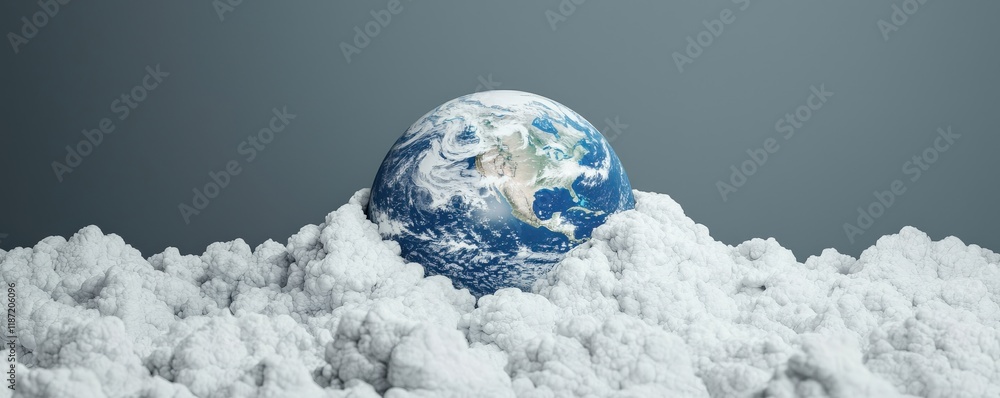 Poster carbon dioxide atmosphere impact concept. a globe partially emerging from a sea of clouds against a 