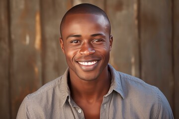 Fototapeta premium Smiling confident man standing against wooden background