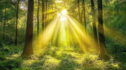 Obraz premium Sunbeams illuminating a forest path.