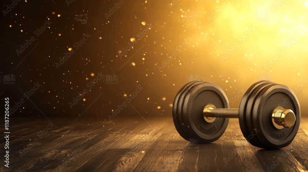 Poster Black dumbbell with gold details is lying on a wooden floor with golden particles floating on a blurred background with copy space
