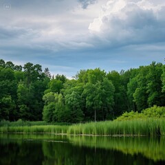 Fototapeta premium Green trees near lake under cloudy sky during daytime