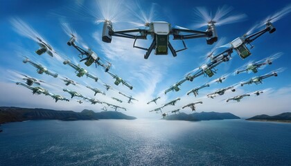 Naklejka premium Swarms of drones illuminate the sky, symbolizing the connection between technology and the environment at sunset over the ocean
