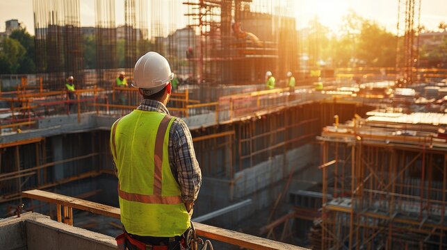 Construction worker observes site progress at sunset, highlighting teamwork and dedication to building projects