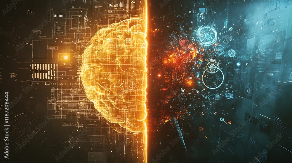 Poster digital brain split, showing data processing and neural network breakdown.