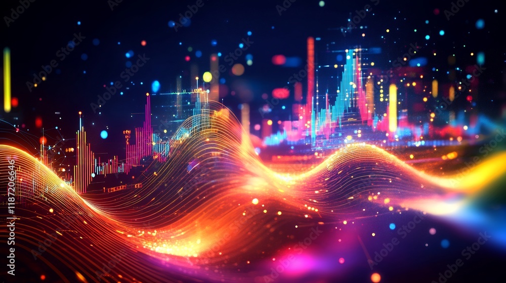 Poster marketing analytics represented vibrant glowing charts connected radiant data streams