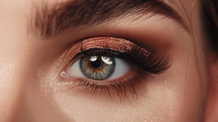 Fototapeta premium Close-up of a woman's eye with shimmering copper eyeshadow, bold lashes, and detailed iris, highlighting a radiant and glamorous makeup style
