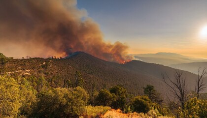 A wildfire spreads along a ridge, turning the sky red and sending thick black smoke into the air.