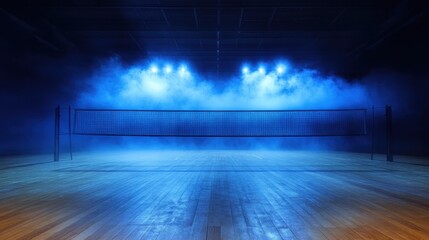 Indoor Volleyball Court Night Scene: Dramatic Lighting and Misty Atmosphere