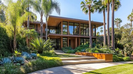 Obraz premium Modern luxury home with expansive windows, wooden facade, and lush tropical landscaping.