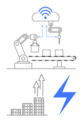 Robotics arm operating on conveyor under IoT-connected cloud. Charts show business growth and efficiency. Ideal for automation, IoT, manufacturing, innovation, energy, industry 4.0 abstract line