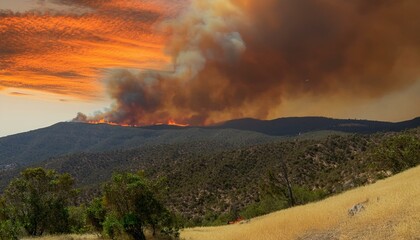 A wildfire spreads along a ridge, turning the sky red and sending thick black smoke into the air.