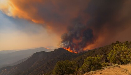 A wildfire spreads along a ridge, turning the sky red and sending thick black smoke into the air.