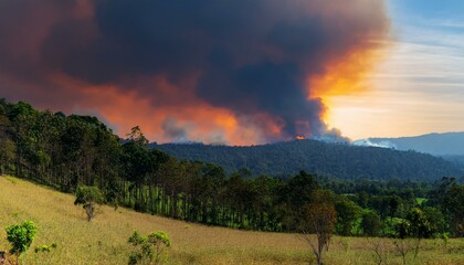 A wildfire spreads along a ridge, turning the sky red and sending thick black smoke into the air.