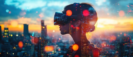 Woman Experiencing Virtual Reality Cityscape at Sunset