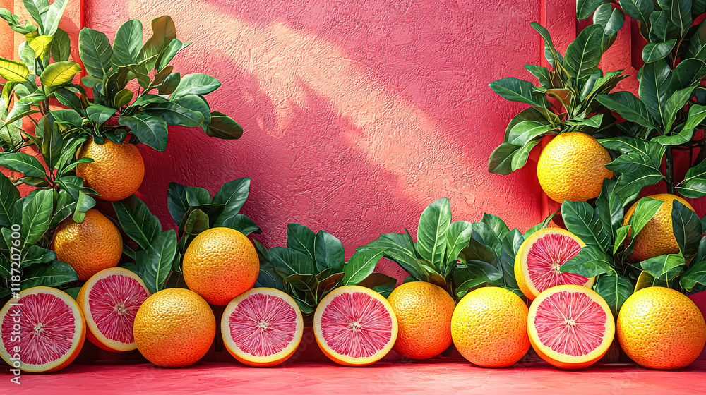 Poster wall with a red background and a bunch of oranges on it. the oranges are cut in half and arranged in