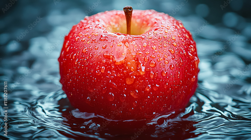 Poster red apple is floating in a pool of water. the apple is surrounded by water droplets, giving it a shi