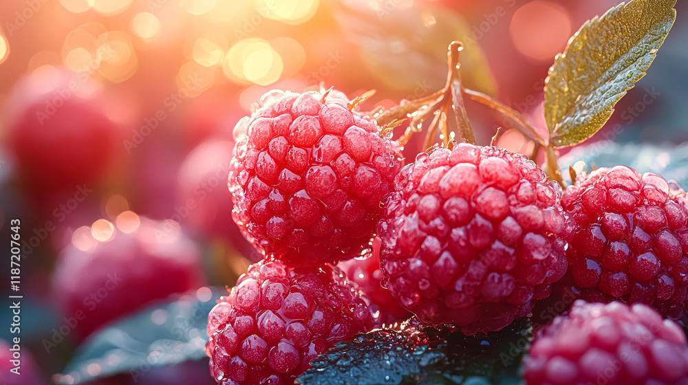 Poster close up of a bunch of red raspberries with water droplets on them. the raspberries are arranged in 