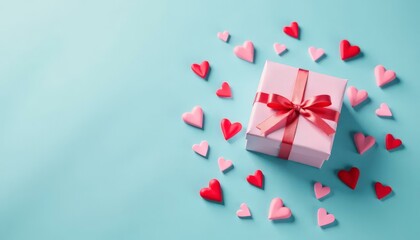 Obraz premium Valentine's Day Gift Box and Hearts on Blue Background