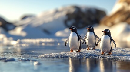 Fototapeta premium Three penguins walking on ice in Antarctica.