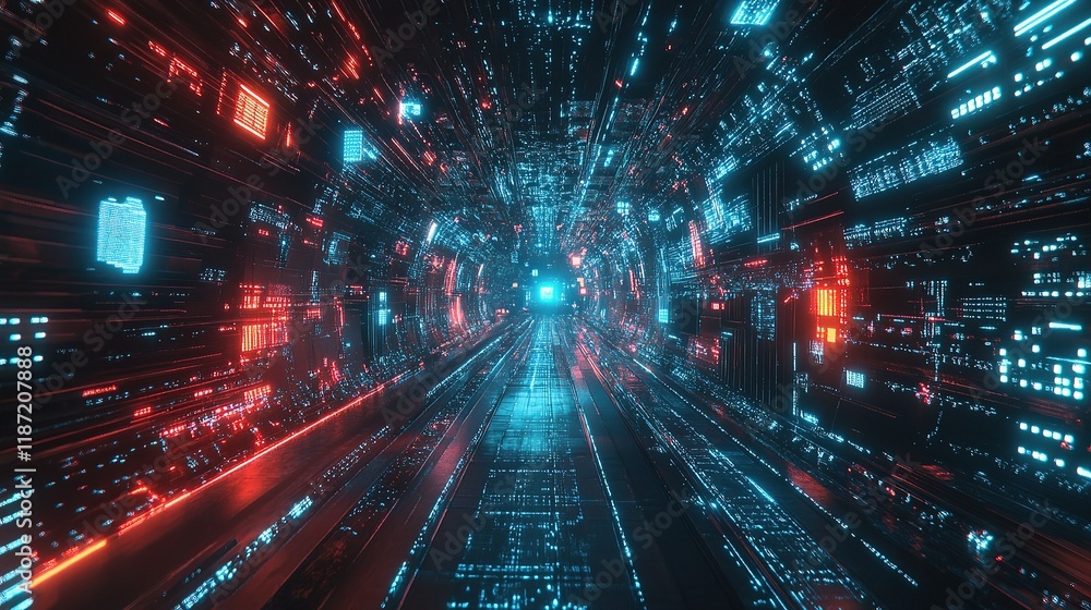 Poster vibrant digital cyberspace with floating particles and lines